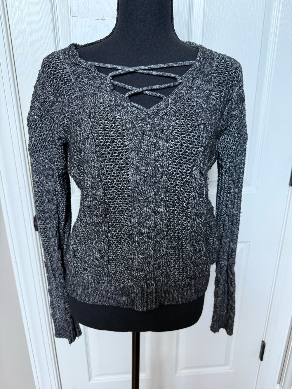 Aeropostale Charcoal Lace-Up V-Neck Cable Knit Sweater